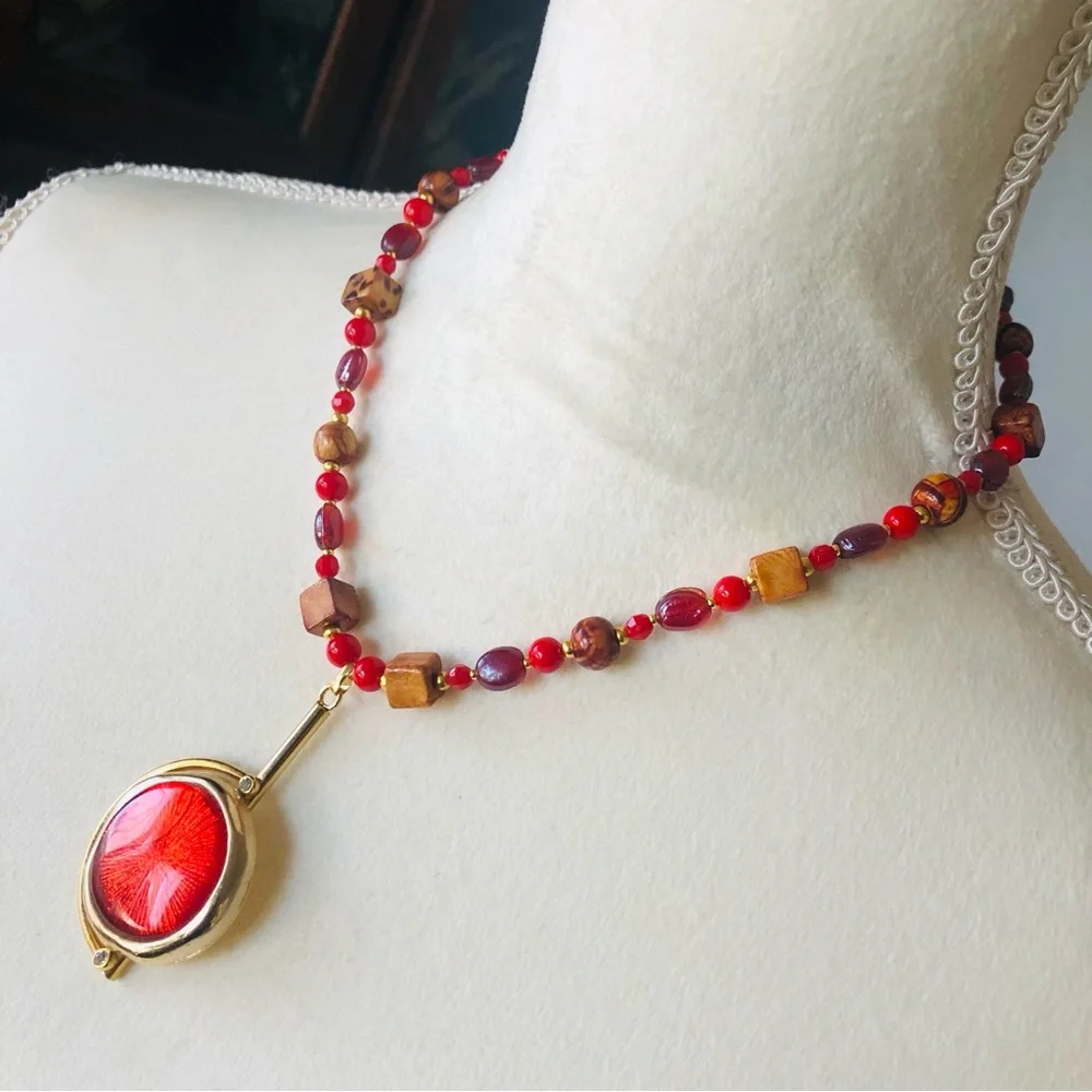 Handcrafted repurpose mixed bead crackle pendant Czech glass Pearl necklace